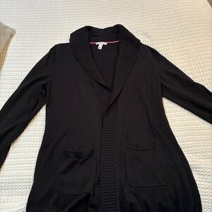 Isaac Mizrahi Black Shawl-Collar Cardigan with Pink Neck Trim
